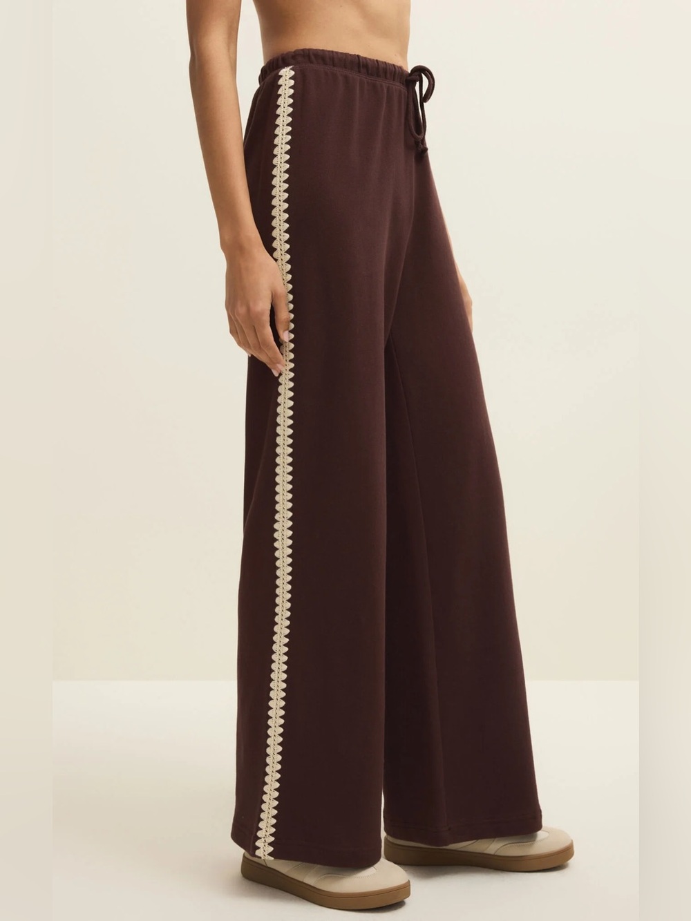 Wide-Leg Drawstring Pants with Contrast Side Trim - Brown